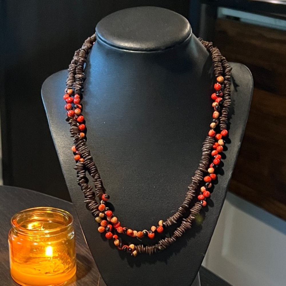 Brown and Red Seed Beaded Necklace long 40”